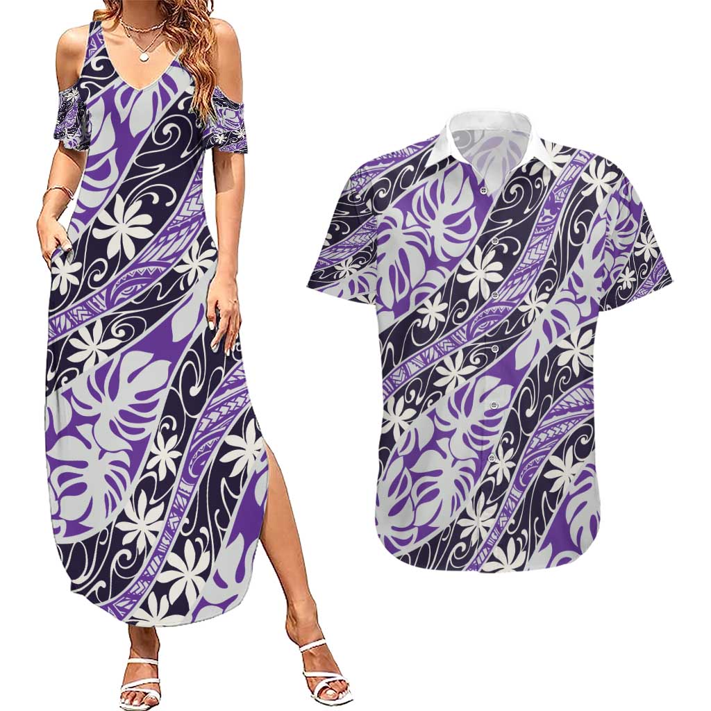 Vareau Tahiti Tiare Monstera Couples Matching Summer Maxi Dress and Hawaiian Shirt Polynesian Pattern Curve Style - Polynesian Pride
