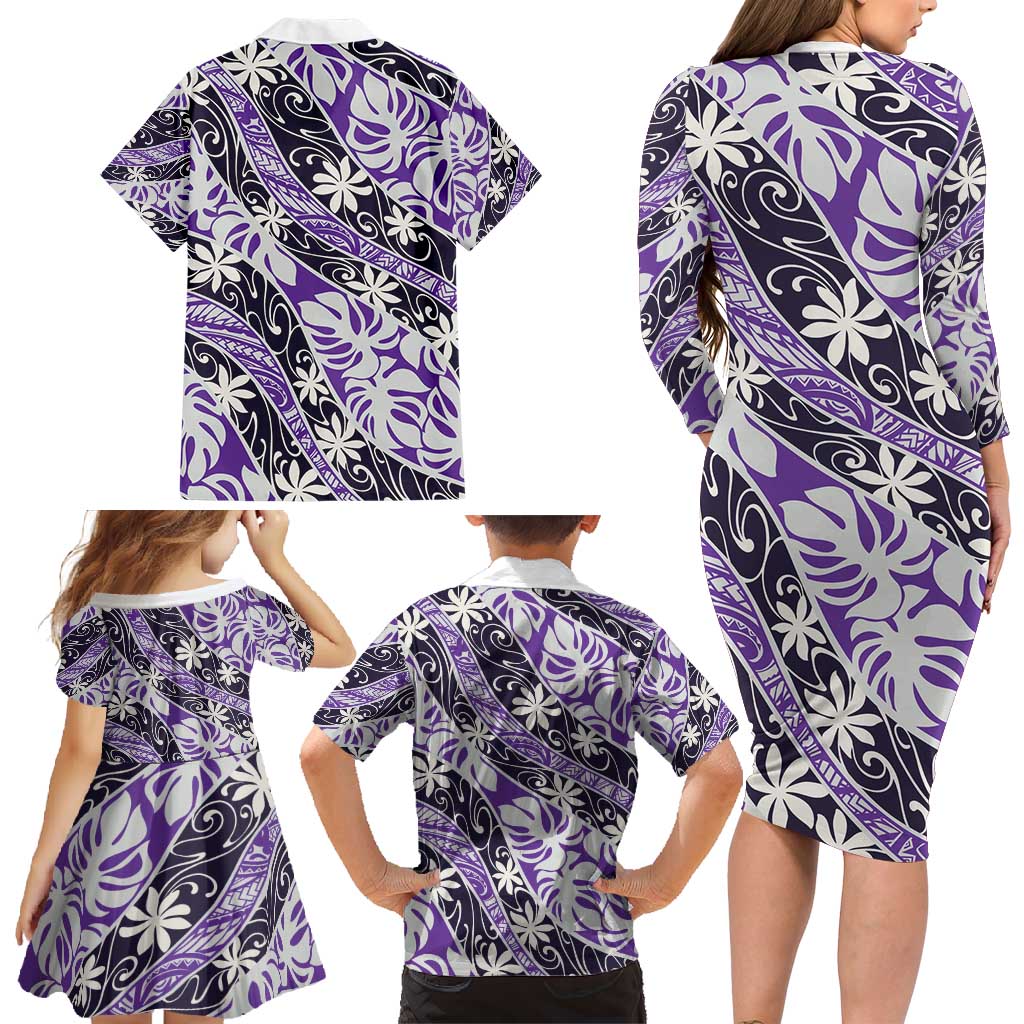 Vareau Tahiti Tiare Monstera Family Matching Long Sleeve Bodycon Dress and Hawaiian Shirt Polynesian Pattern Curve Style - Polynesian Pride
