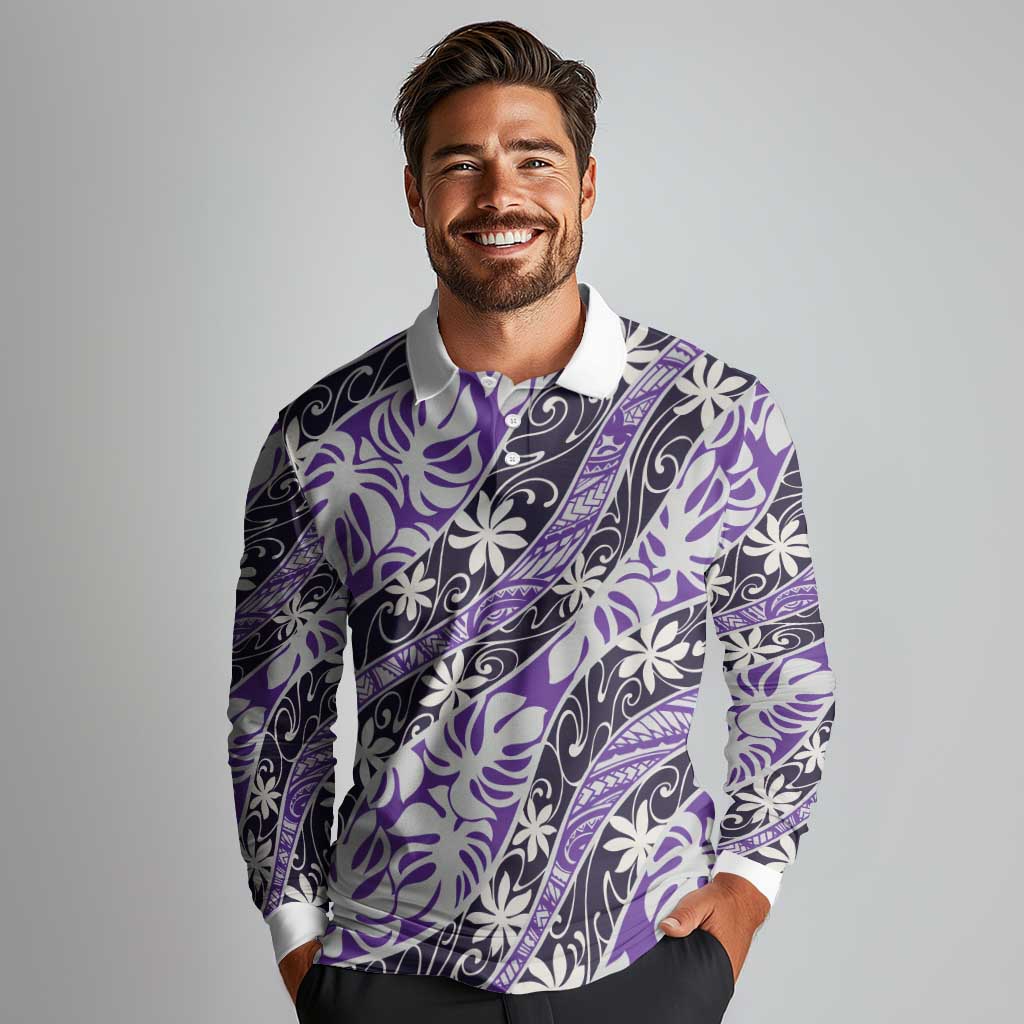 Vareau Tahiti Tiare Monstera Long Sleeve Polo Shirt Polynesian Pattern Curve Style - Polynesian Pride