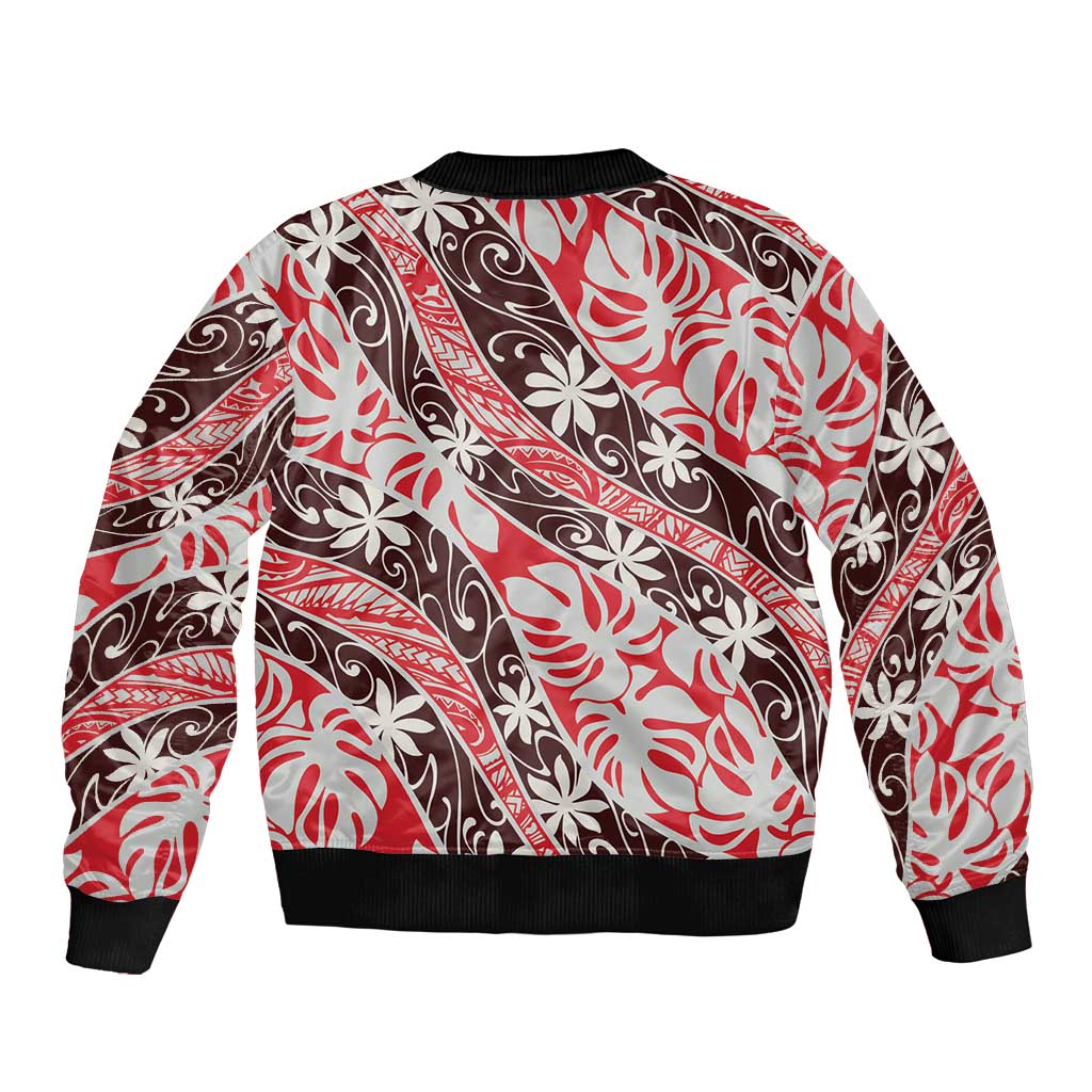 Uteute Tahiti Tiare Monstera Bomber Jacket Polynesian Pattern Curve Style - Polynesian Pride