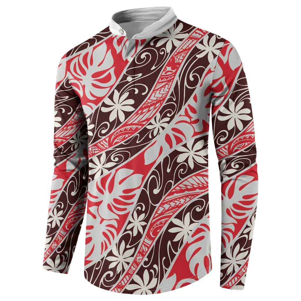 Uteute Tahiti Tiare Monstera Button Sweatshirt Polynesian Pattern Curve Style - Polynesian Pride