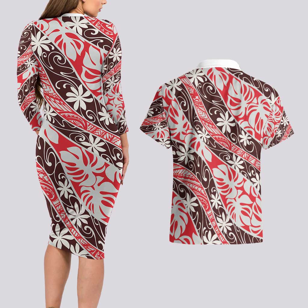 Uteute Tahiti Tiare Monstera Couples Matching Long Sleeve Bodycon Dress and Hawaiian Shirt Polynesian Pattern Curve Style - Polynesian Pride