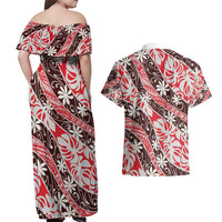 Uteute Tahiti Tiare Monstera Couples Matching Off Shoulder Maxi Dress and Hawaiian Shirt Polynesian Pattern Curve Style - Polynesian Pride