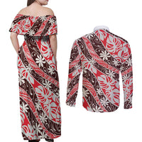 Uteute Tahiti Tiare Monstera Couples Matching Off Shoulder Maxi Dress and Long Sleeve Button Shirt Polynesian Pattern Curve Style - Polynesian Pride