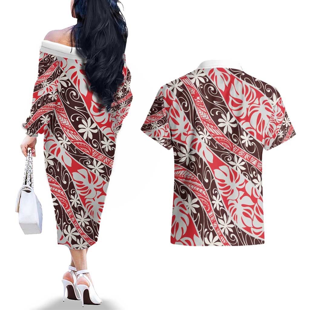 Uteute Tahiti Tiare Monstera Couples Matching Off The Shoulder Long Sleeve Dress and Hawaiian Shirt Polynesian Pattern Curve Style - Polynesian Pride