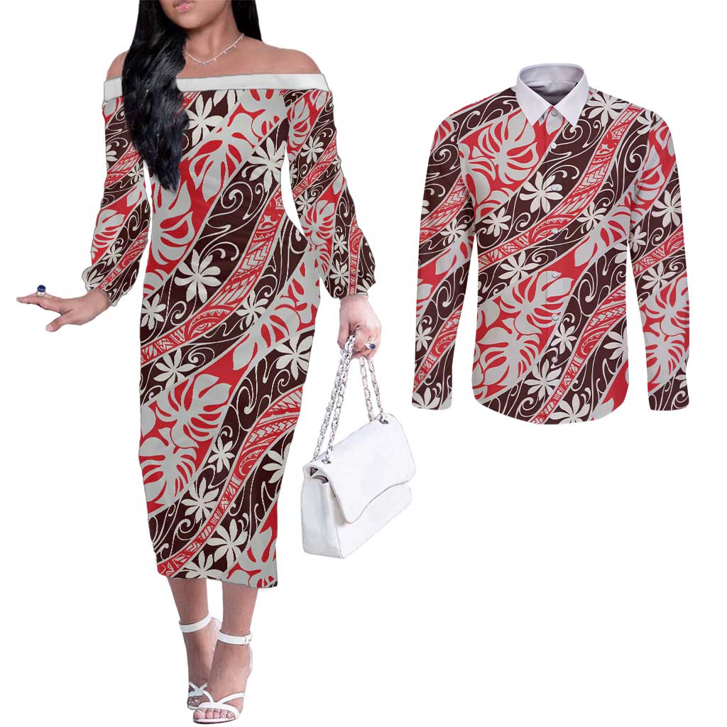 Uteute Tahiti Tiare Monstera Couples Matching Off The Shoulder Long Sleeve Dress and Long Sleeve Button Shirt Polynesian Pattern Curve Style - Polynesian Pride