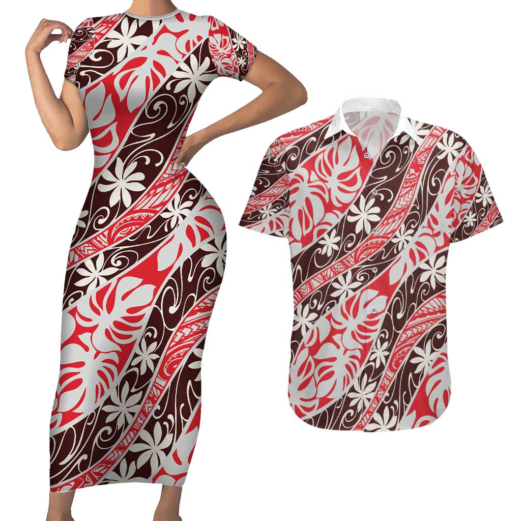 Uteute Tahiti Tiare Monstera Couples Matching Short Sleeve Bodycon Dress and Hawaiian Shirt Polynesian Pattern Curve Style - Polynesian Pride