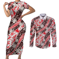 Uteute Tahiti Tiare Monstera Couples Matching Short Sleeve Bodycon Dress and Long Sleeve Button Shirt Polynesian Pattern Curve Style - Polynesian Pride