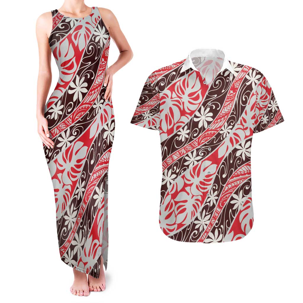 Uteute Tahiti Tiare Monstera Couples Matching Tank Maxi Dress and Hawaiian Shirt Polynesian Pattern Curve Style - Polynesian Pride