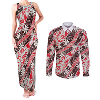 Uteute Tahiti Tiare Monstera Couples Matching Tank Maxi Dress and Long Sleeve Button Shirt Polynesian Pattern Curve Style - Polynesian Pride