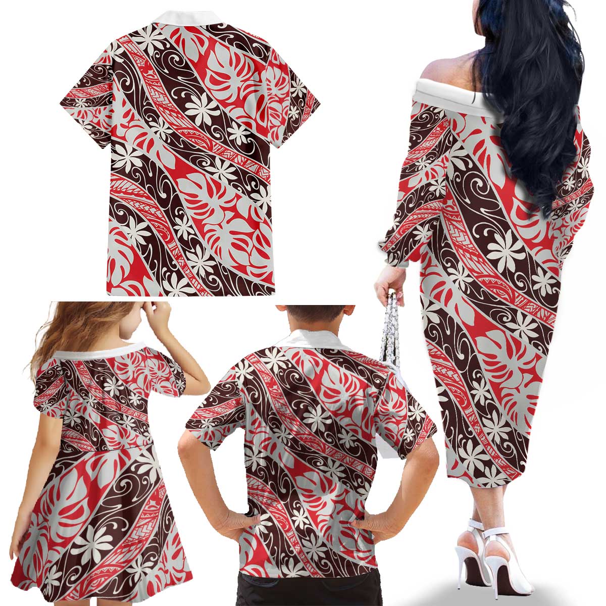 Uteute Tahiti Tiare Monstera Family Matching Off The Shoulder Long Sleeve Dress and Hawaiian Shirt Polynesian Pattern Curve Style - Polynesian Pride