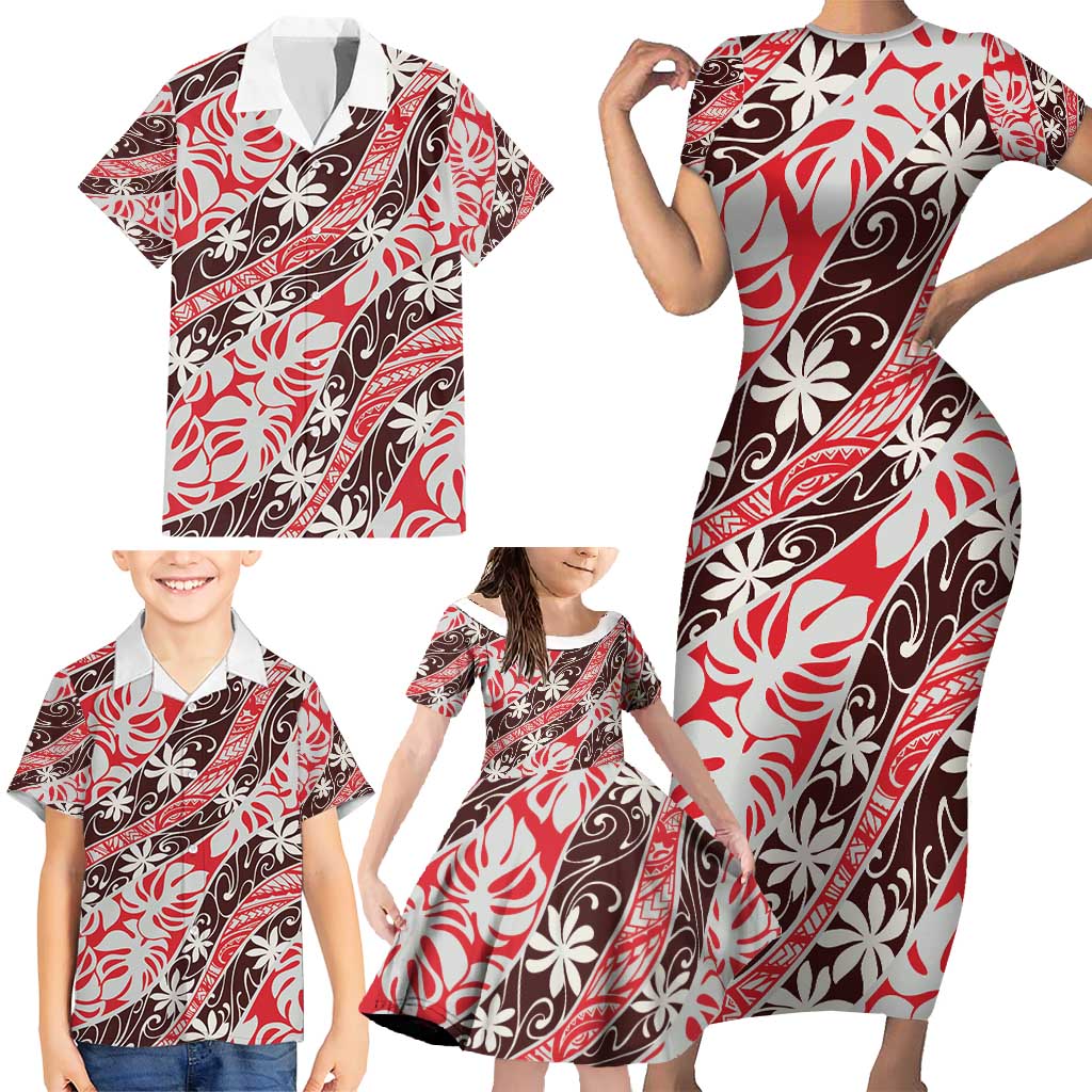 Uteute Tahiti Tiare Monstera Family Matching Short Sleeve Bodycon Dress and Hawaiian Shirt Polynesian Pattern Curve Style - Polynesian Pride