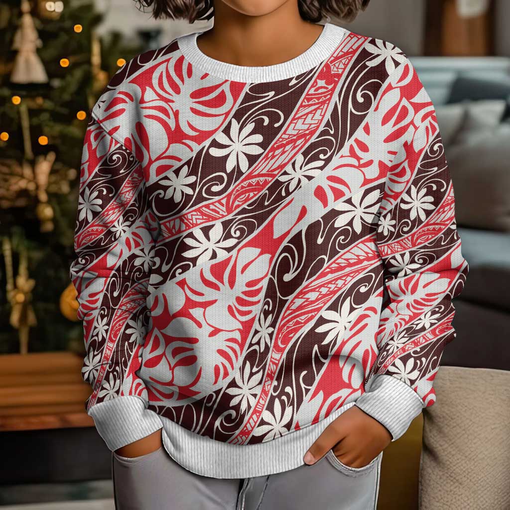 Uteute Tahiti Tiare Monstera Kid Ugly Christmas Sweater Polynesian Pattern Curve Style - Polynesian Pride