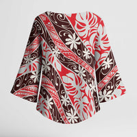 Uteute Tahiti Tiare Monstera Kimono Sleeve Blouse Polynesian Pattern Curve Style - Polynesian Pride