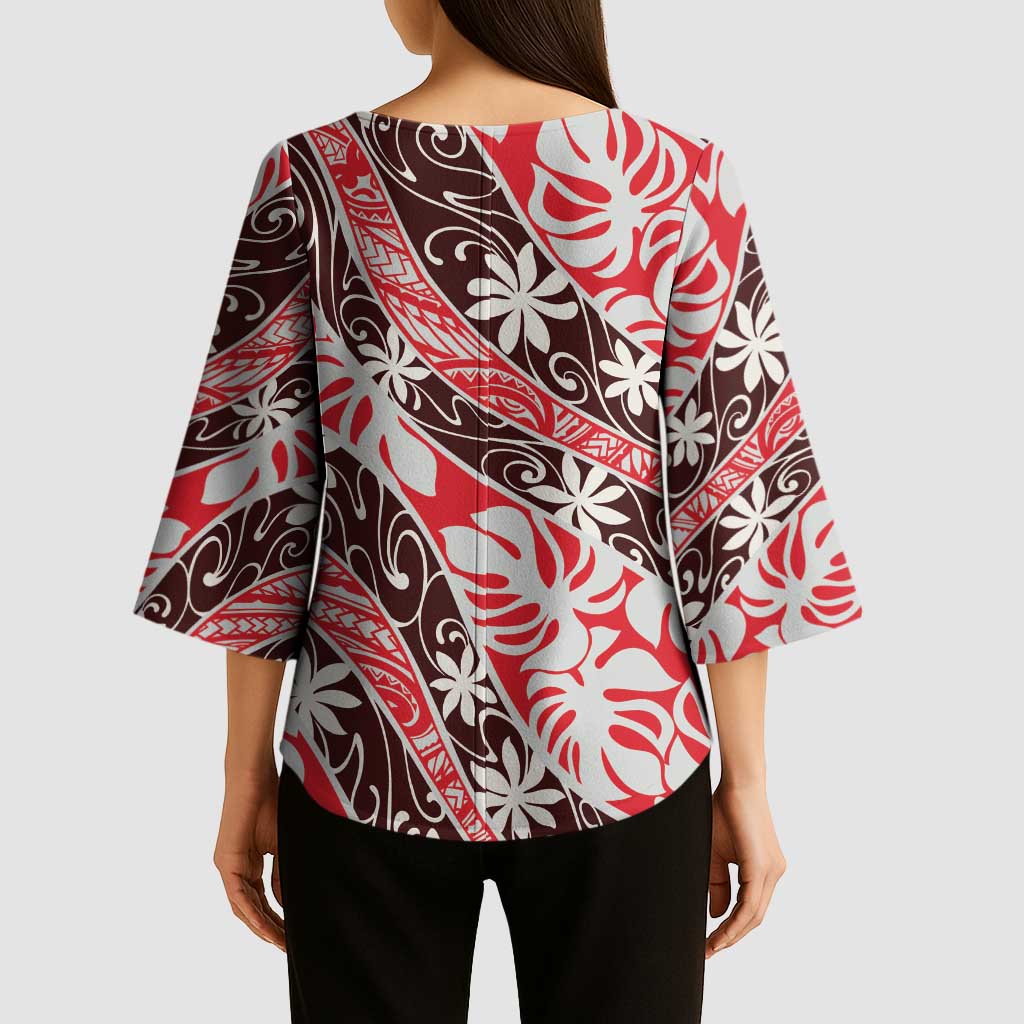 Uteute Tahiti Tiare Monstera Kimono Sleeve Blouse Polynesian Pattern Curve Style - Polynesian Pride