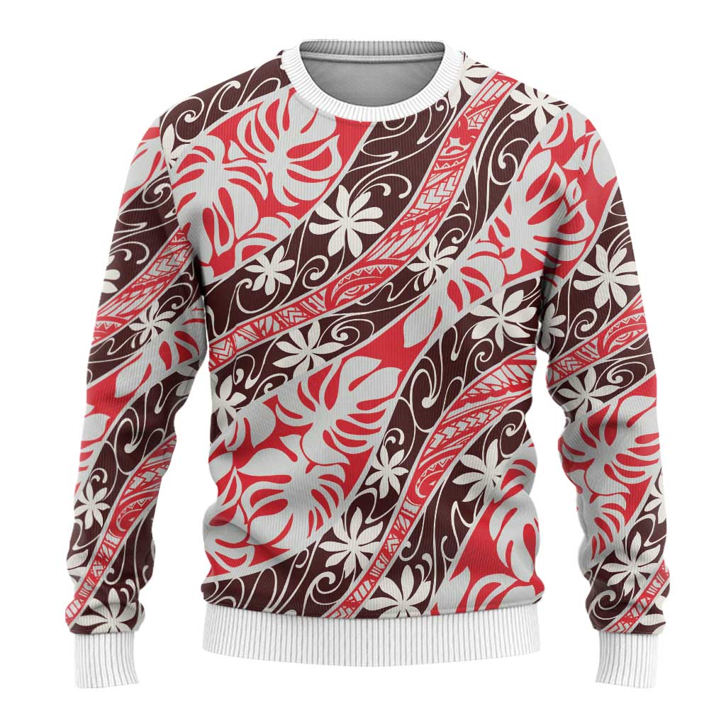 Uteute Tahiti Tiare Monstera Ugly Christmas Sweater Polynesian Pattern Curve Style - Polynesian Pride