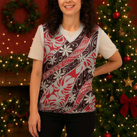 Uteute Tahiti Tiare Monstera Christmas Knitted V-Neck Vest Polynesian Pattern Curve Style - Polynesian Pride