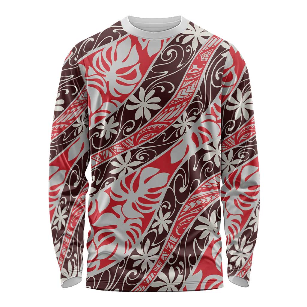 Uteute Tahiti Tiare Monstera Long Sleeve Shirt Polynesian Pattern Curve Style - Polynesian Pride