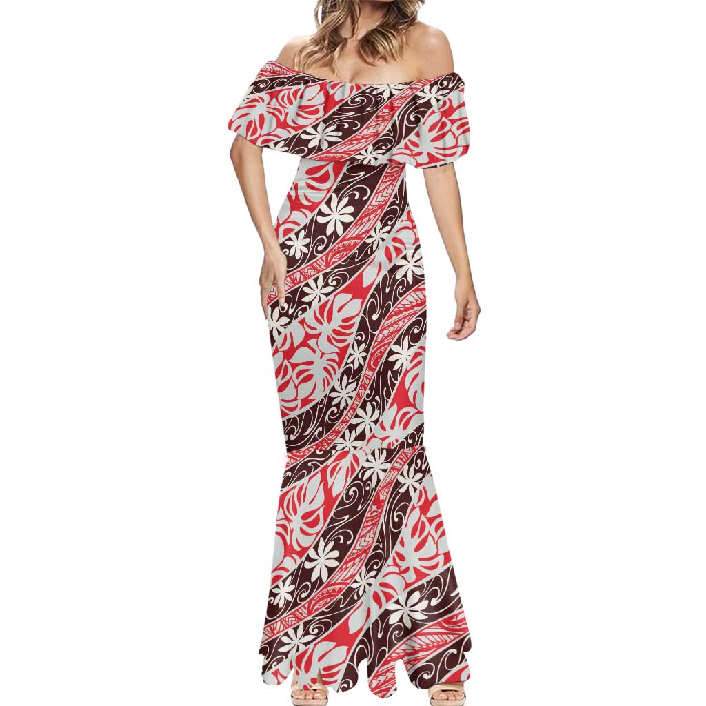 Uteute Tahiti Tiare Monstera Mermaid Dress Polynesian Pattern Curve Style - Polynesian Pride