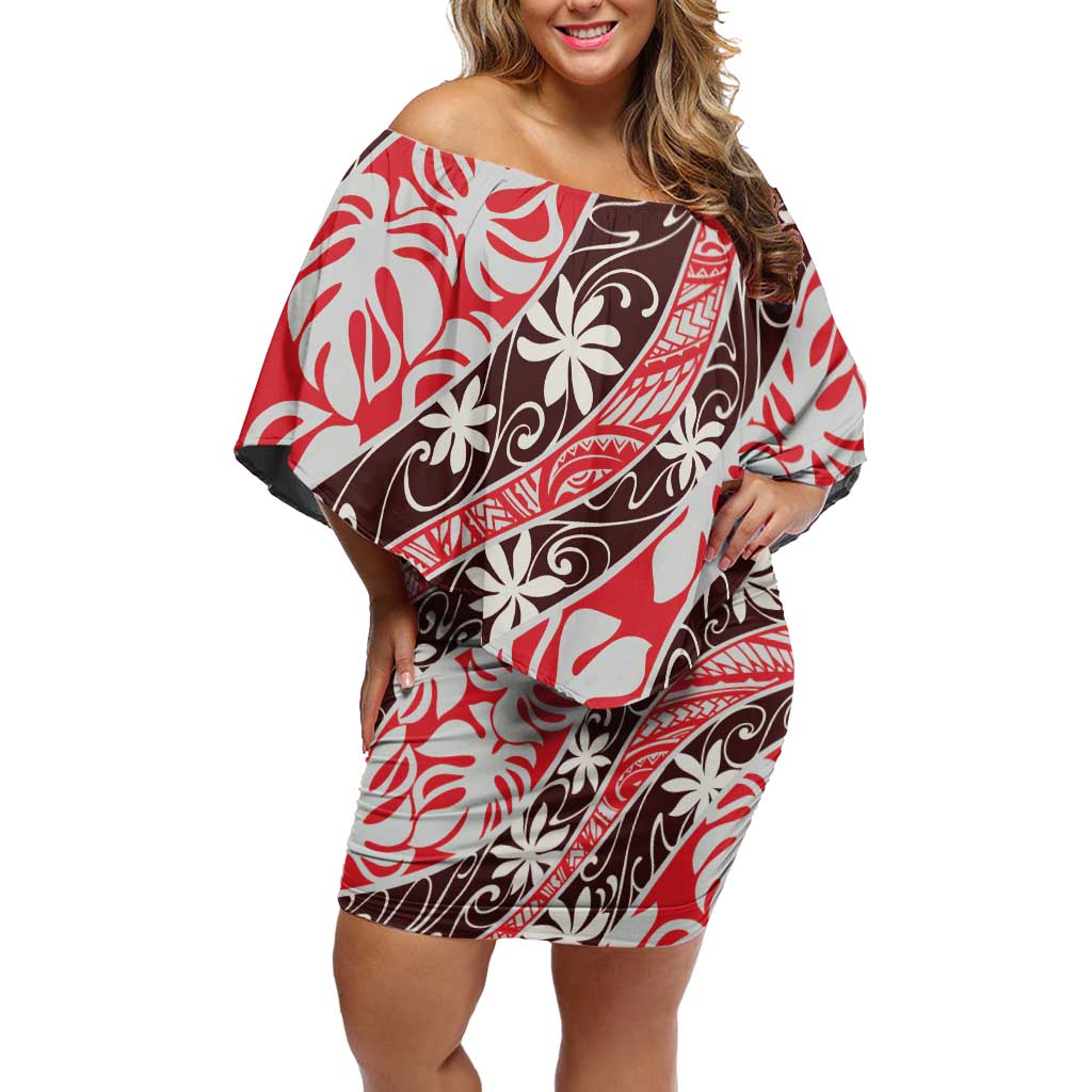 Uteute Tahiti Tiare Monstera Off Shoulder Short Dress Polynesian Pattern Curve Style - Polynesian Pride