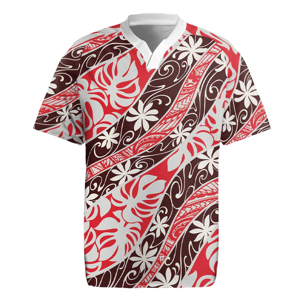 Uteute Tahiti Tiare Monstera Rugby Jersey Polynesian Pattern Curve Style - Polynesian Pride