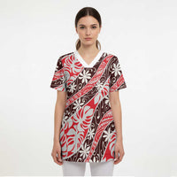 Uteute Tahiti Tiare Monstera Scrub Top Polynesian Pattern Curve Style - Polynesian Pride