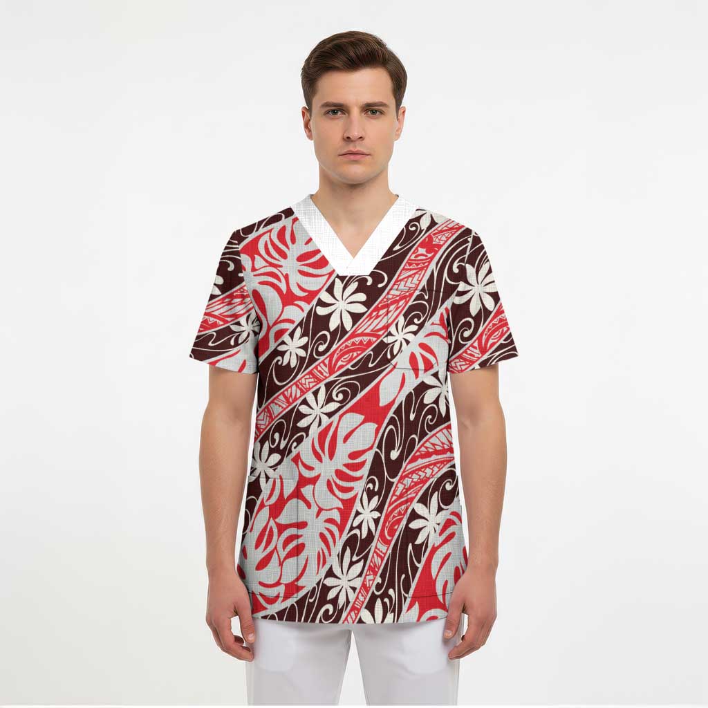 Uteute Tahiti Tiare Monstera Scrub Top Polynesian Pattern Curve Style - Polynesian Pride