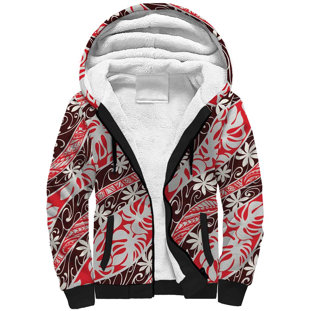 Uteute Tahiti Tiare Monstera Sherpa Hoodie Polynesian Pattern Curve Style - Polynesian Pride
