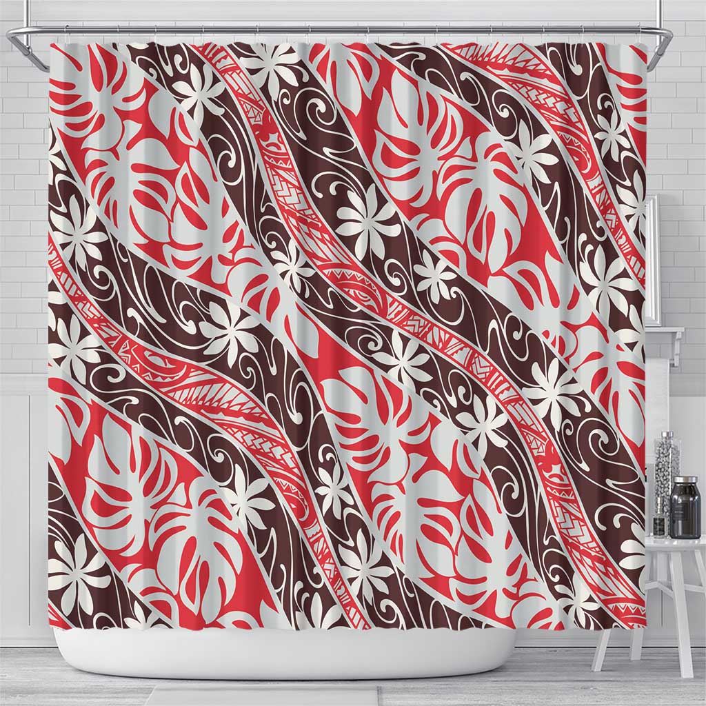 Uteute Tahiti Tiare Monstera Shower Curtain Polynesian Pattern Curve Style - Polynesian Pride