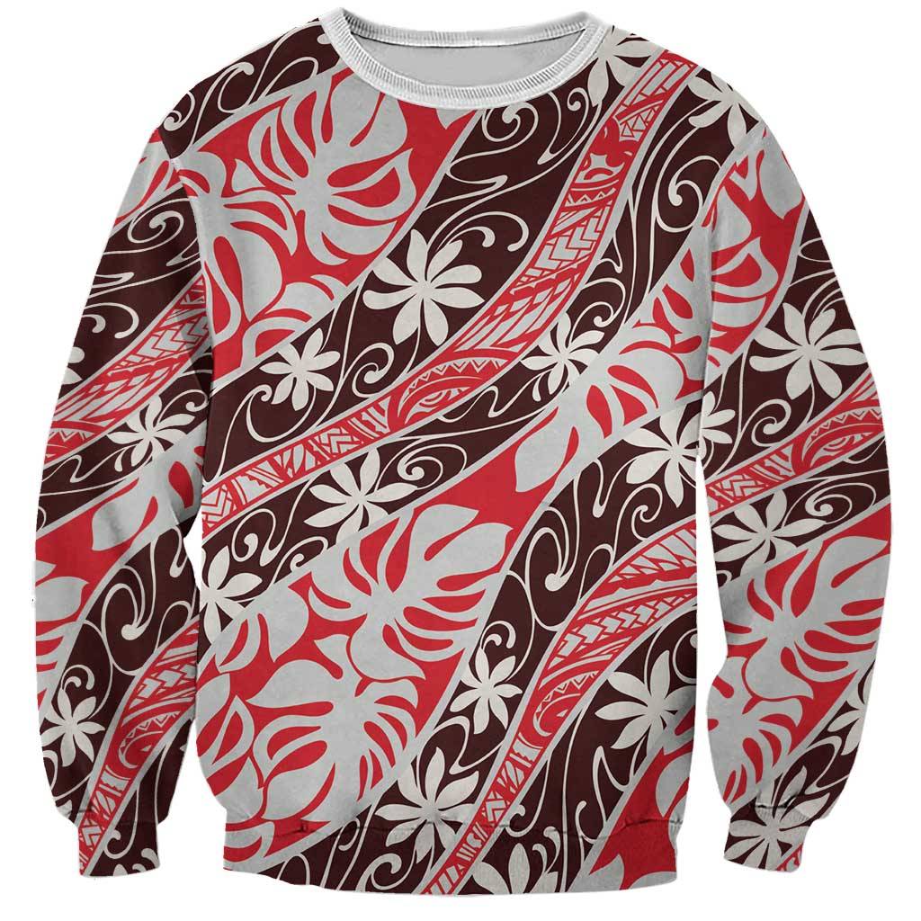 Uteute Tahiti Tiare Monstera Sweatshirt Polynesian Pattern Curve Style - Polynesian Pride