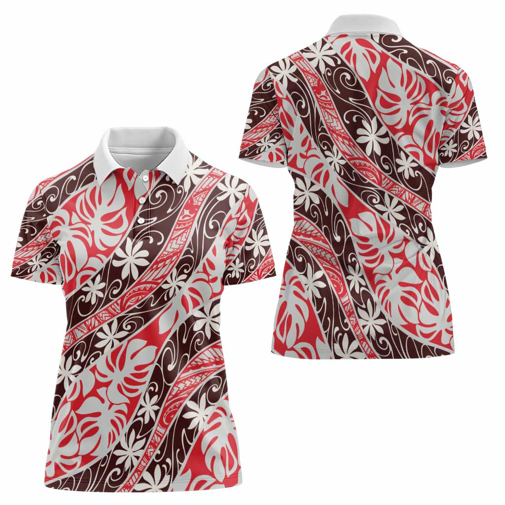 Uteute Tahiti Tiare Monstera Women Polo Shirt Polynesian Pattern Curve Style - Polynesian Pride
