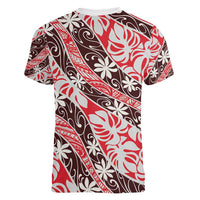 Uteute Tahiti Tiare Monstera Women V-Neck T-Shirt Polynesian Pattern Curve Style - Polynesian Pride