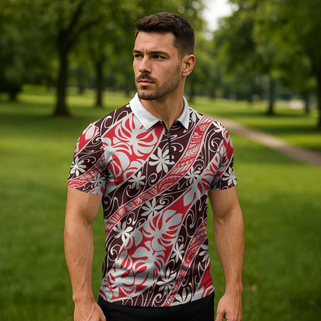 Uteute Tahiti Tiare Monstera Zipper Polo Shirt Polynesian Pattern Curve Style - Polynesian Pride