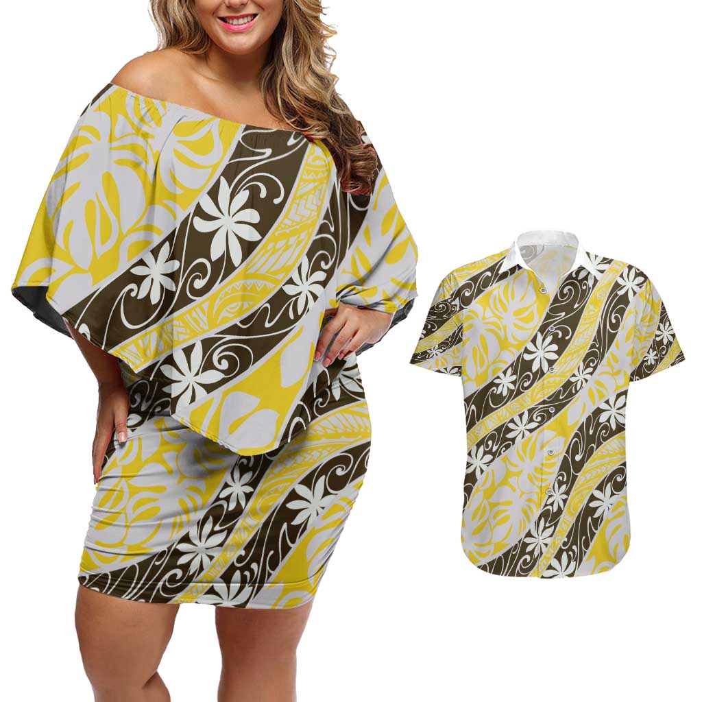 Rearea Tahiti Tiare Monstera Couples Matching Off Shoulder Short Dress and Hawaiian Shirt Polynesian Pattern Curve Style - Polynesian Pride