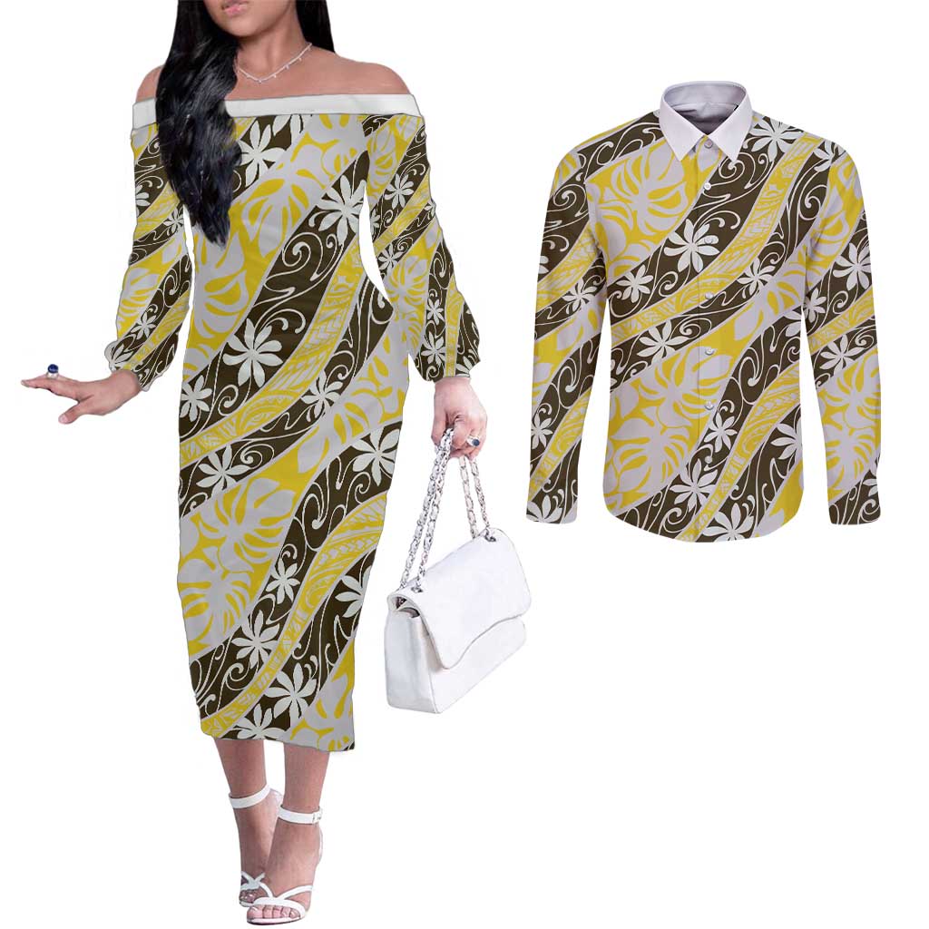 Rearea Tahiti Tiare Monstera Couples Matching Off The Shoulder Long Sleeve Dress and Long Sleeve Button Shirt Polynesian Pattern Curve Style - Polynesian Pride