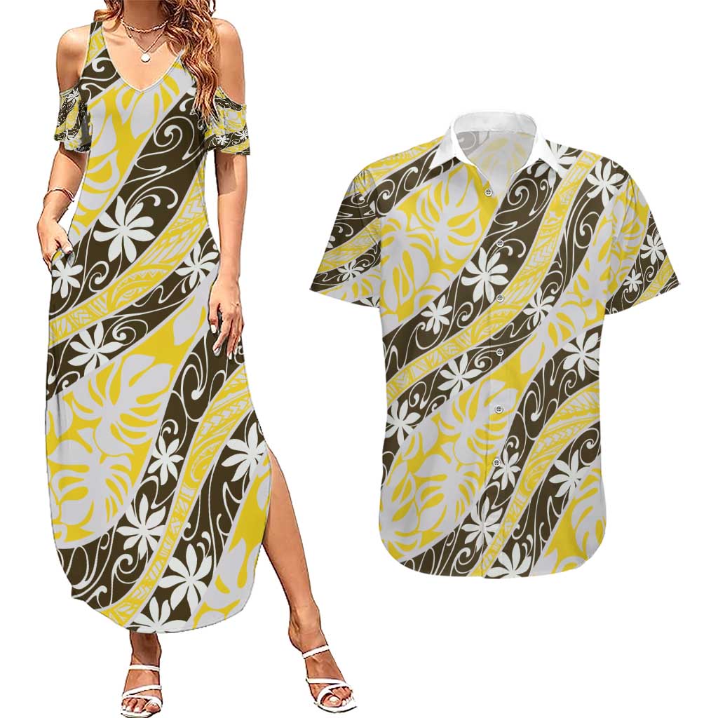 Rearea Tahiti Tiare Monstera Couples Matching Summer Maxi Dress and Hawaiian Shirt Polynesian Pattern Curve Style - Polynesian Pride
