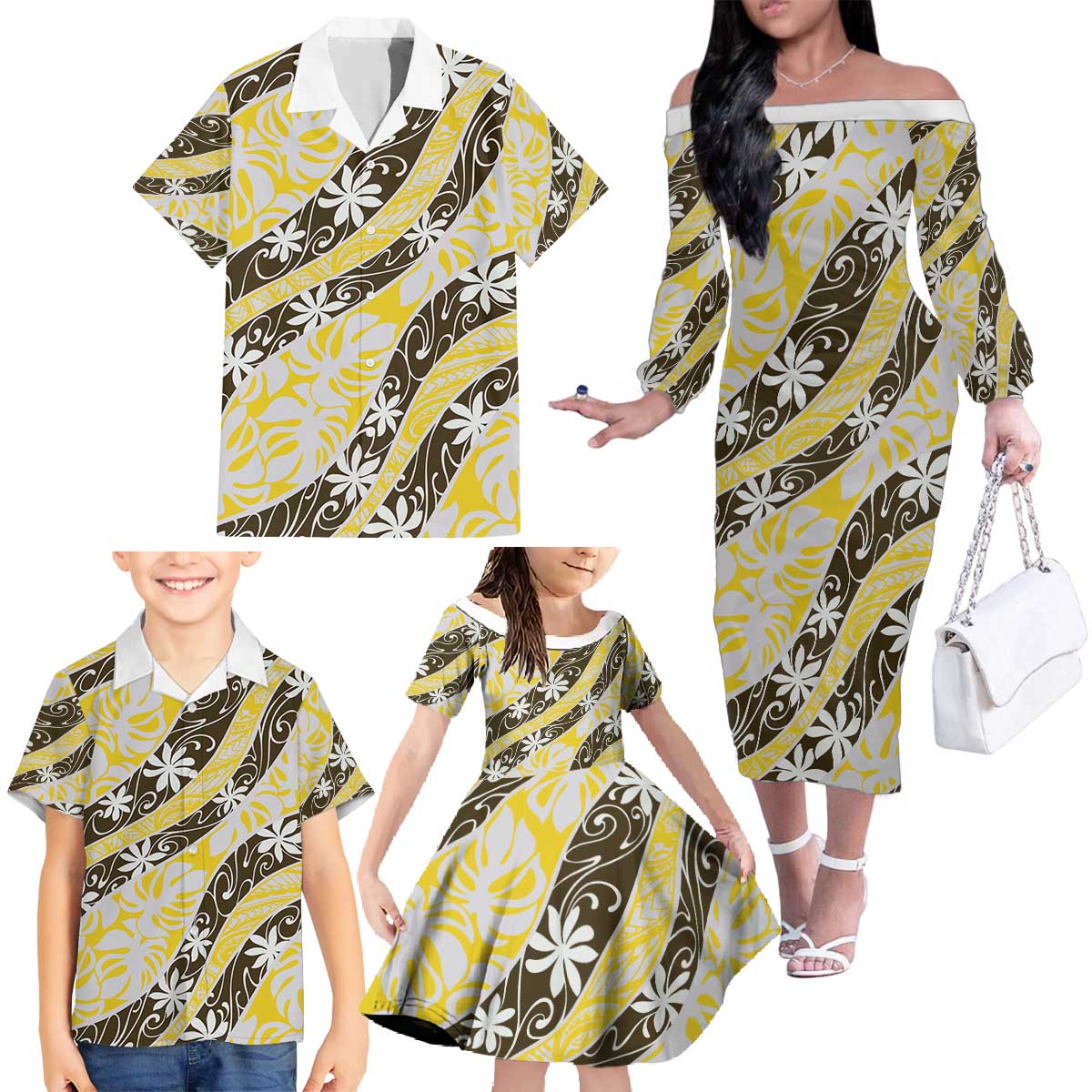 Rearea Tahiti Tiare Monstera Family Matching Off The Shoulder Long Sleeve Dress and Hawaiian Shirt Polynesian Pattern Curve Style - Polynesian Pride