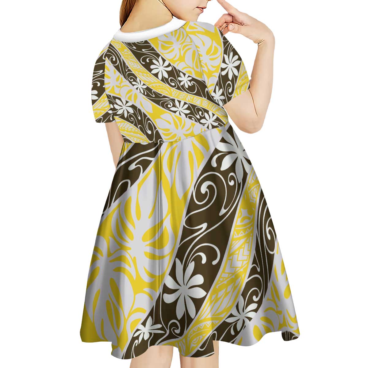 Rearea Tahiti Tiare Monstera Kid Short Sleeve Dress Polynesian Pattern Curve Style - Polynesian Pride