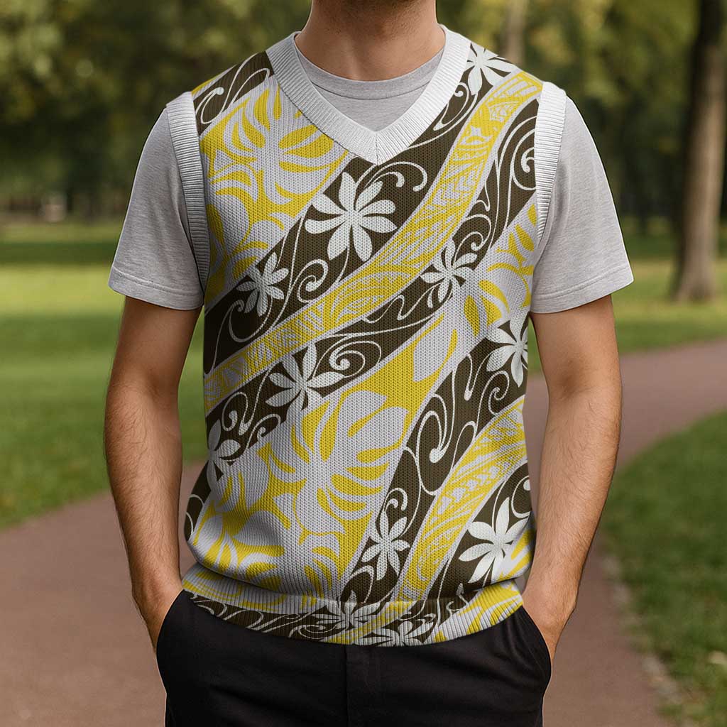 Rearea Tahiti Tiare Monstera Christmas Knitted V-Neck Vest Polynesian Pattern Curve Style - Polynesian Pride