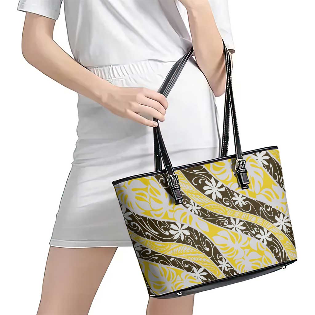 Rearea Tahiti Tiare Monstera Leather Tote Bag Polynesian Pattern Curve Style - Polynesian Pride