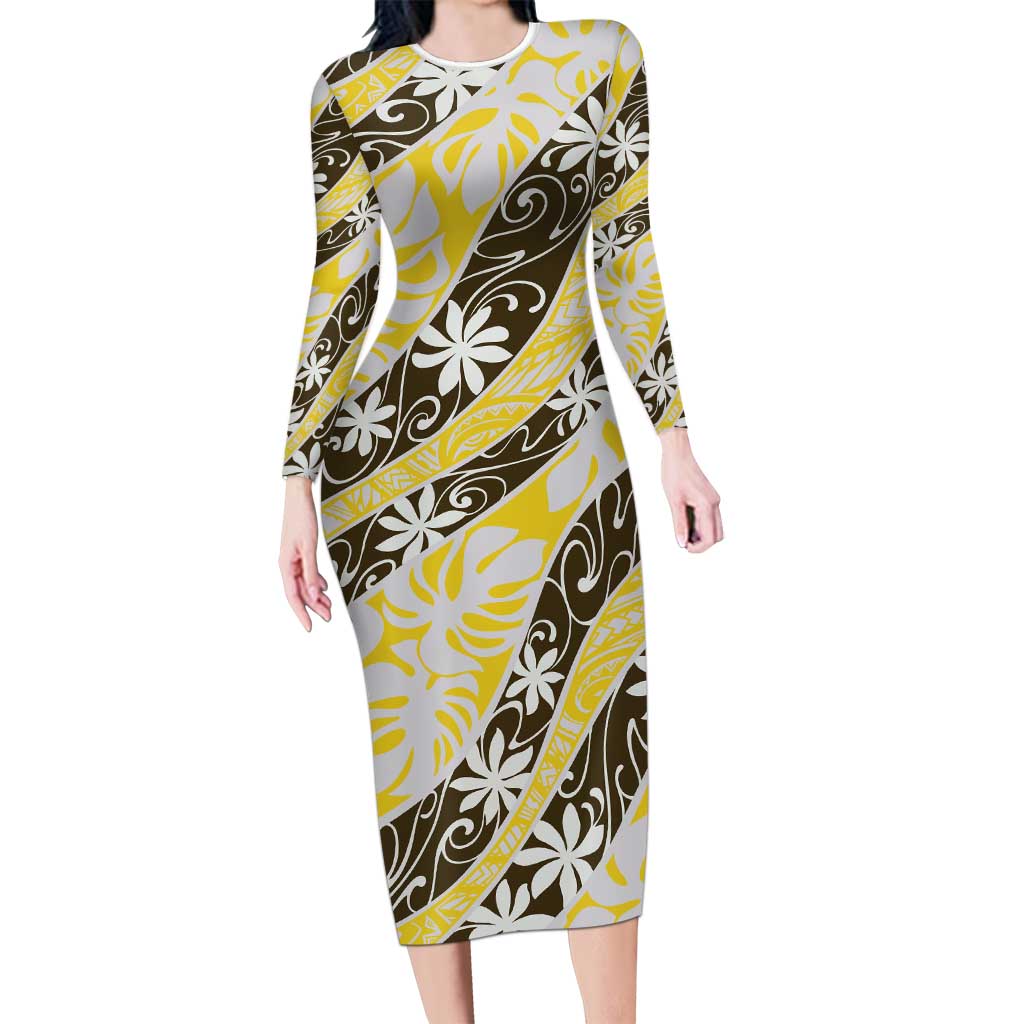 Rearea Tahiti Tiare Monstera Long Sleeve Bodycon Dress Polynesian Pattern Curve Style - Polynesian Pride