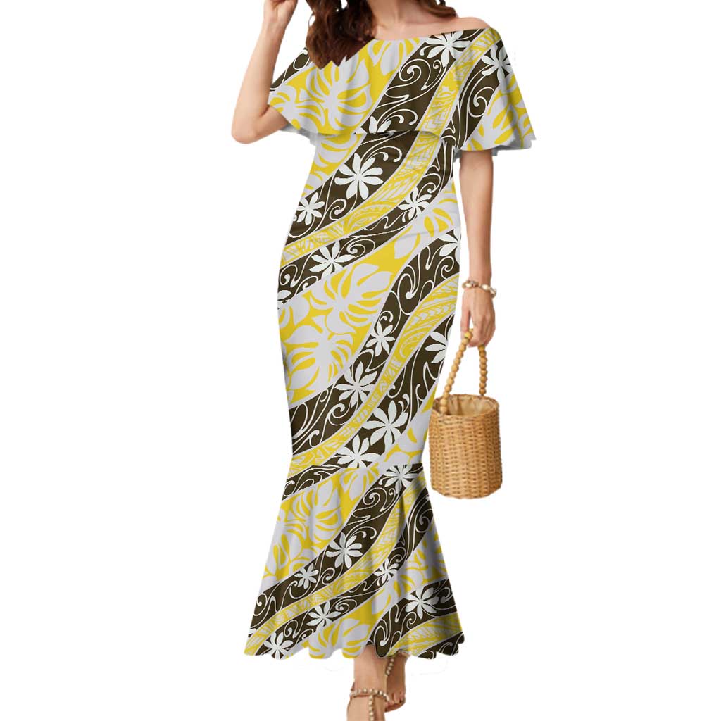 Rearea Tahiti Tiare Monstera Mermaid Dress Polynesian Pattern Curve Style - Polynesian Pride