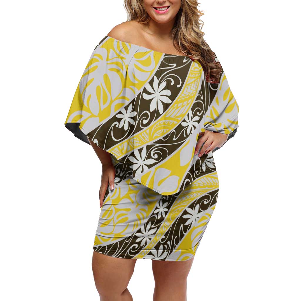 Rearea Tahiti Tiare Monstera Off Shoulder Short Dress Polynesian Pattern Curve Style - Polynesian Pride