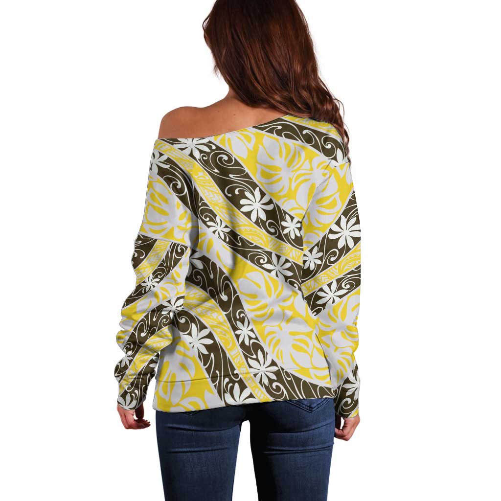 Rearea Tahiti Tiare Monstera Off Shoulder Sweater Polynesian Pattern Curve Style - Polynesian Pride