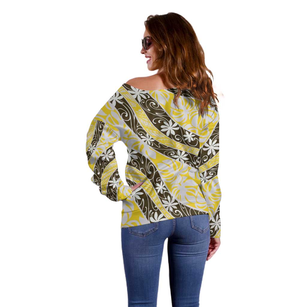 Rearea Tahiti Tiare Monstera Off Shoulder Sweater Polynesian Pattern Curve Style - Polynesian Pride