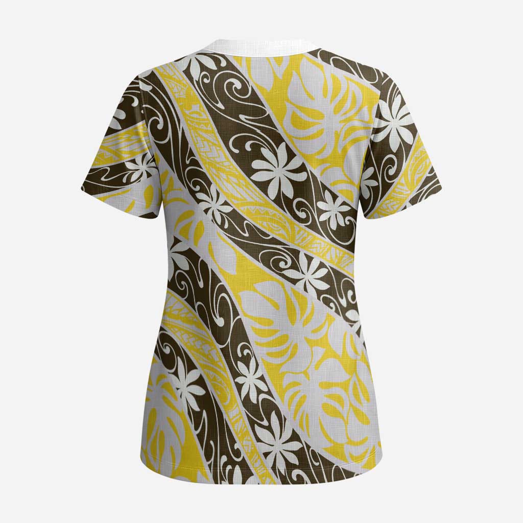 Rearea Tahiti Tiare Monstera Scrub Top Polynesian Pattern Curve Style - Polynesian Pride