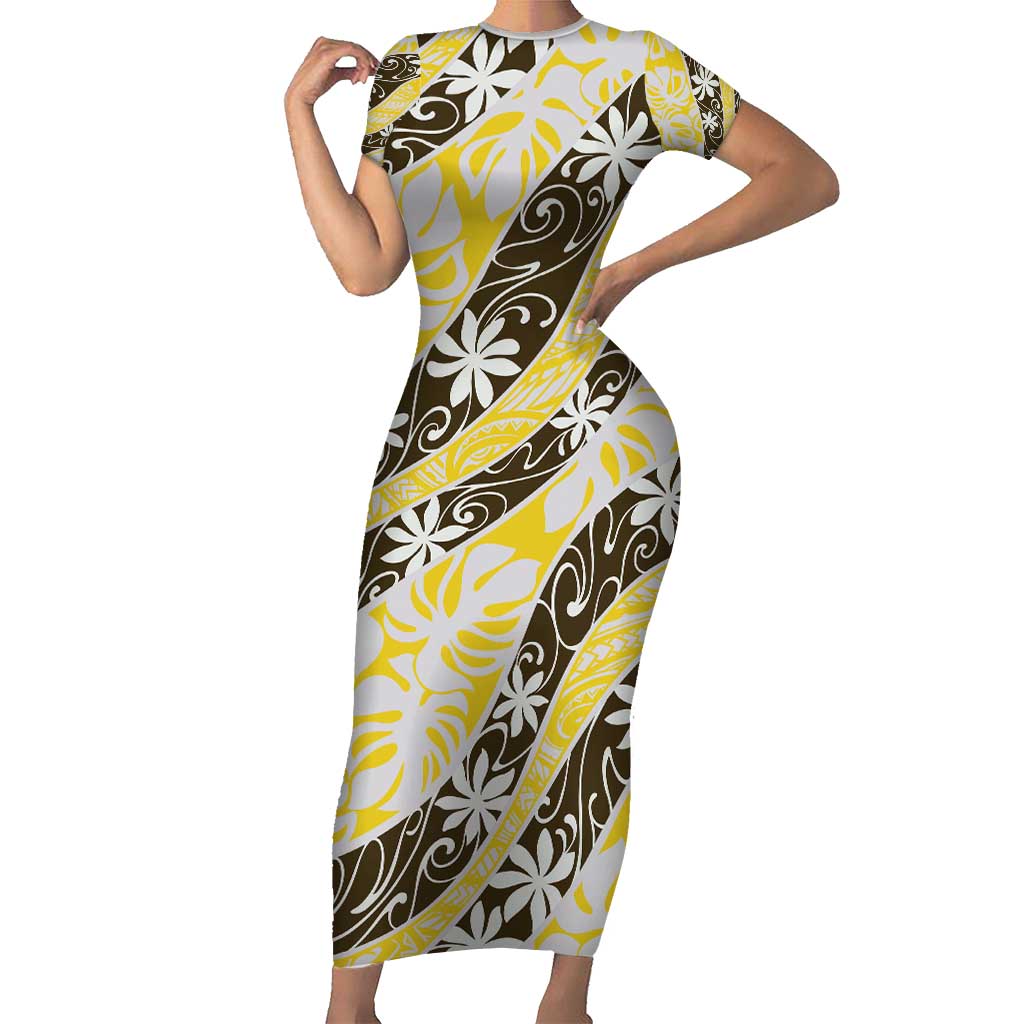 Rearea Tahiti Tiare Monstera Short Sleeve Bodycon Dress Polynesian Pattern Curve Style - Polynesian Pride