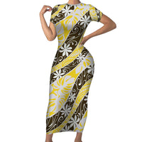 Rearea Tahiti Tiare Monstera Short Sleeve Bodycon Dress Polynesian Pattern Curve Style - Polynesian Pride