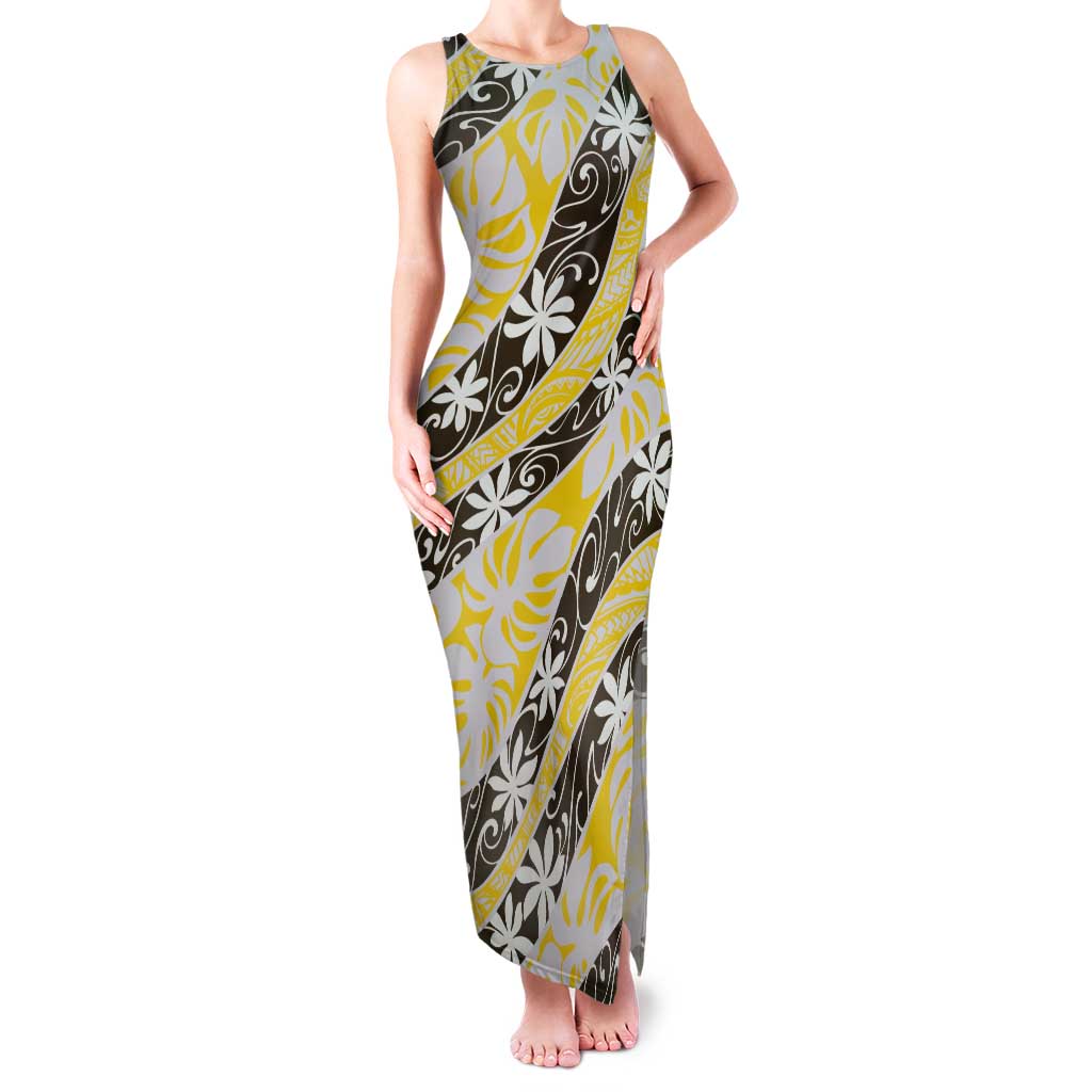 Rearea Tahiti Tiare Monstera Tank Maxi Dress Polynesian Pattern Curve Style - Polynesian Pride