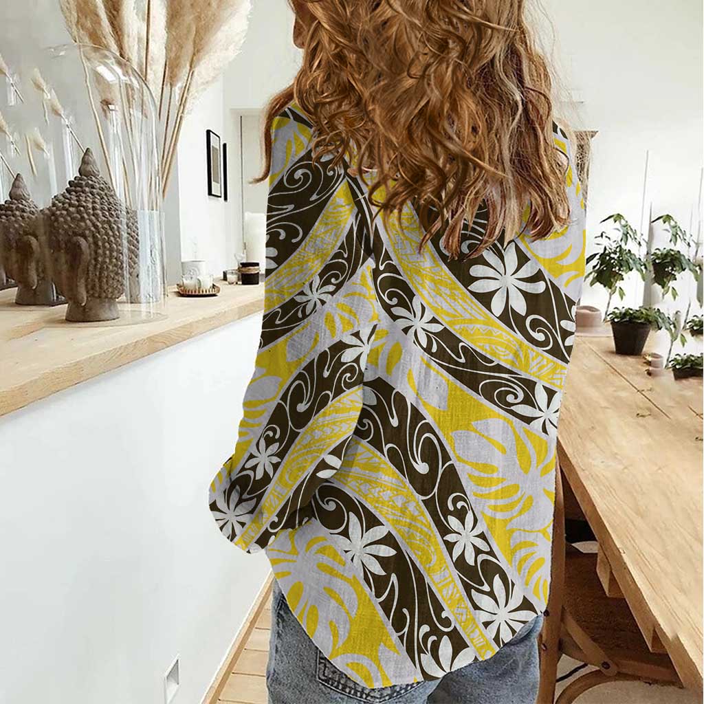 Rearea Tahiti Tiare Monstera Women Casual Shirt Polynesian Pattern Curve Style - Polynesian Pride